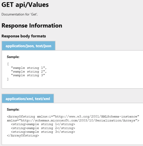 Screenshot of one of the A P I selection values, showing the response information and response body formats.