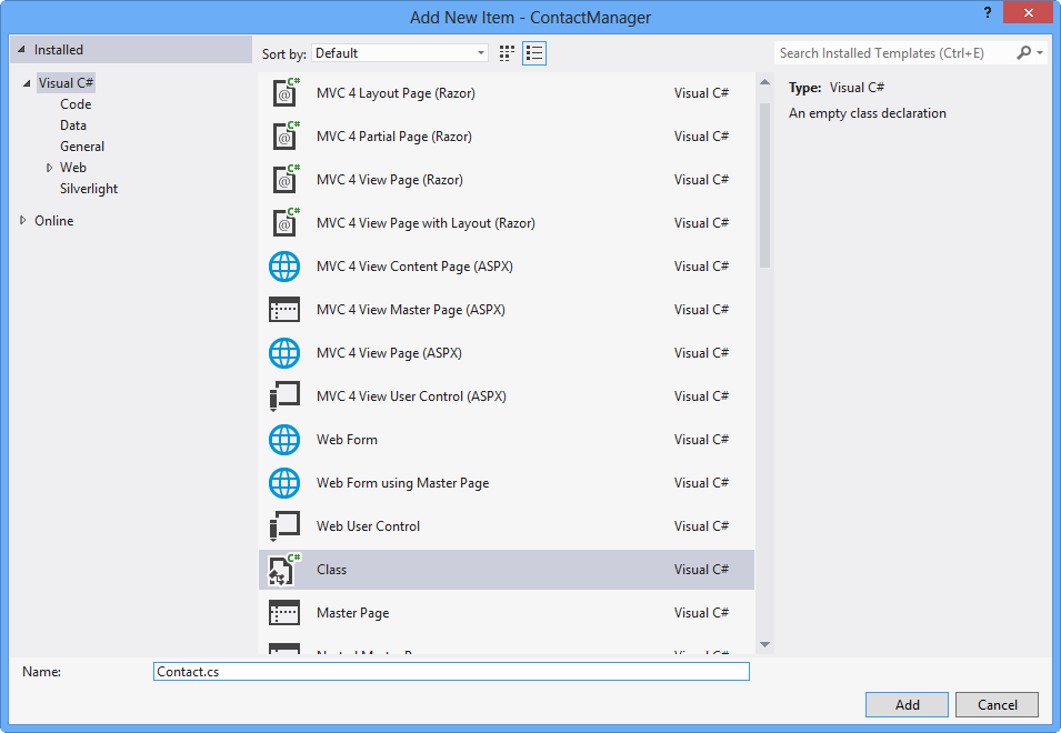 Creating the new Contact class file