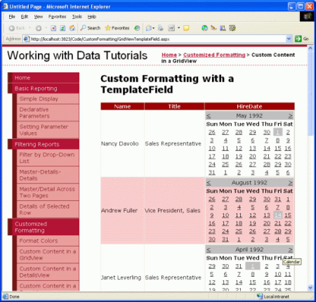 The Employee's HiredDate is Shown in the Calendar Control