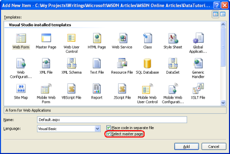 Add a New Web Form, Checking the Select master page Checkbox