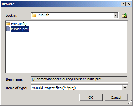 Browse to the location of the custom project file with which you control the deployment process, select the file, and then click OK.