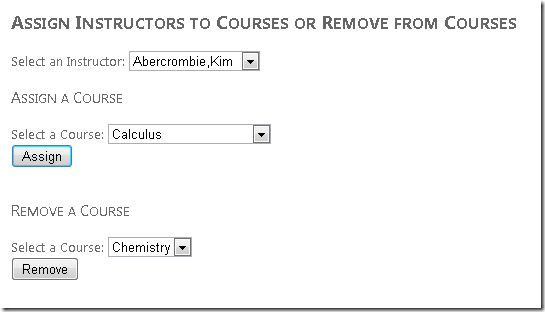 Screenshot of the Internet Explorer window, which shows the Assign Instructors to Courses or Remove from Courses view with corresponding dropdowns.