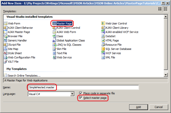 Check the "Select master page" Checkbox to Add a Nested Master Page