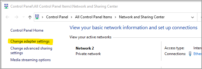 Schermopname van het Network Sharing Center.