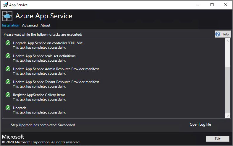 Schermopname van de voortgang van de implementatie in het App Service-installatieprogramma.