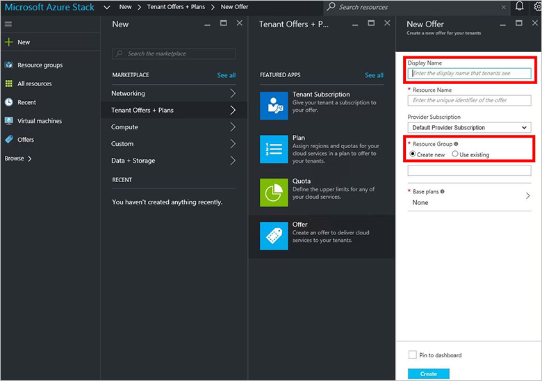 Schermopname van het maken van een resource voor een nieuwe aanbieding in Azure Stack Hub.