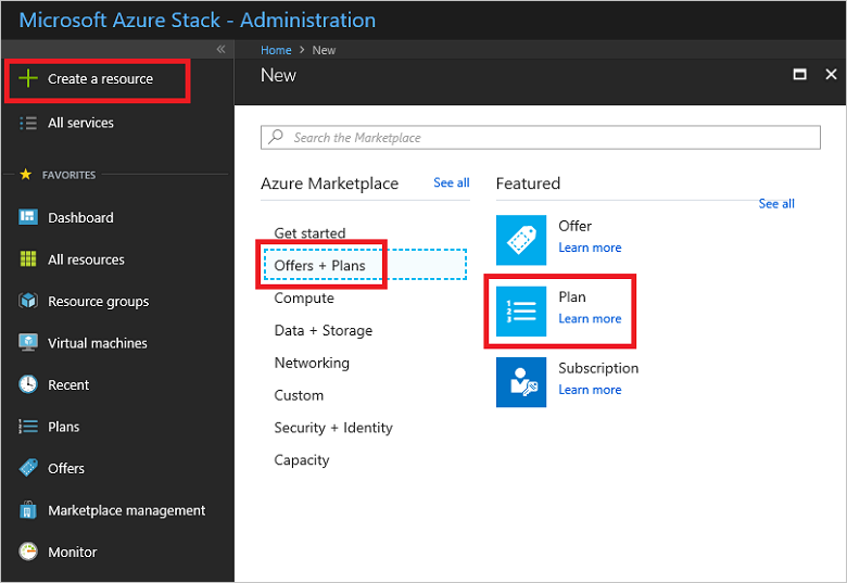 Schermopname die laat zien hoe u een plan selecteert in de Azure Stack Hub-beheerportal.