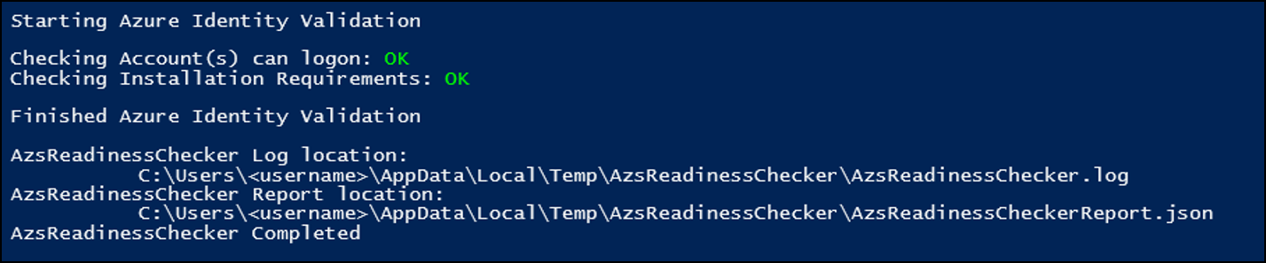 uitvoervalidatieresultaten voor Azure Stack Hub Readiness Checker