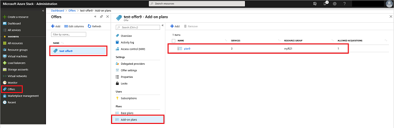 Schermopname van een lijst met invoegtoepassingsplannen die moeten worden beoordeeld in de Azure Stack-beheerdersportal.