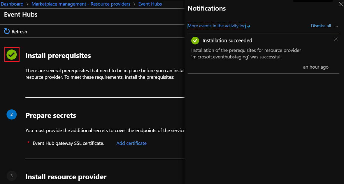 Event Hubs voor Marketplace-beheer : installatievereisten zijn voltooid