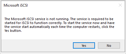 Het dialoogvenster Microsoft iSCSI meldt dat de iSCSI-service niet wordt uitgevoerd; er is een ja-knop om de service te starten.