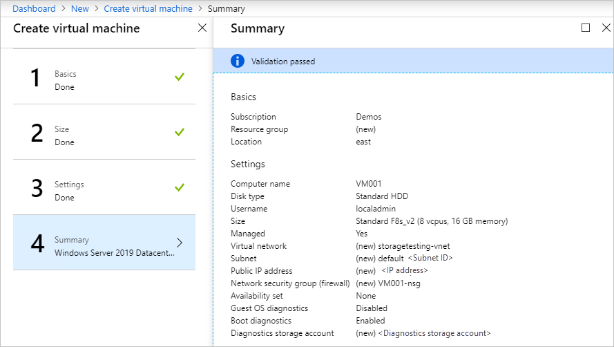 In het dialoogvenster Dashboard > New > Create virtual machine > Summary wordt 'Validatie geslaagd' weergegeven en wordt informatie over VM001 weergegeven.