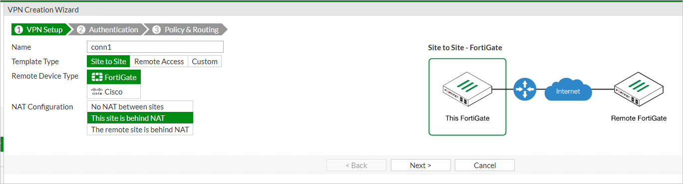 In de schermopname van de wizard VPN maken ziet u dat deze zich in de eerste stap, VPN Setup, moet uitvoeren. De volgende waarden zijn geselecteerd: 'Site-naar-site' voor sjabloontype, FortiGate voor extern apparaattype en 'Deze site bevindt zich achter NAT' voor NAT-configuratie.
