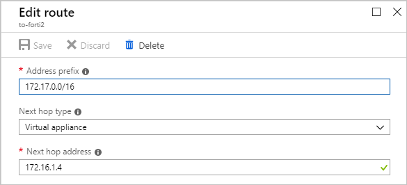 Het dialoogvenster Route bewerken voor to-forti2 bevat tekstvakken met waarden. Adresvoorvoegsel is 172.17.0.0/16, 'Volgend hoptype' is 'Virtueel apparaat' en 'Adres van volgende hop' is 172.16.1.4.