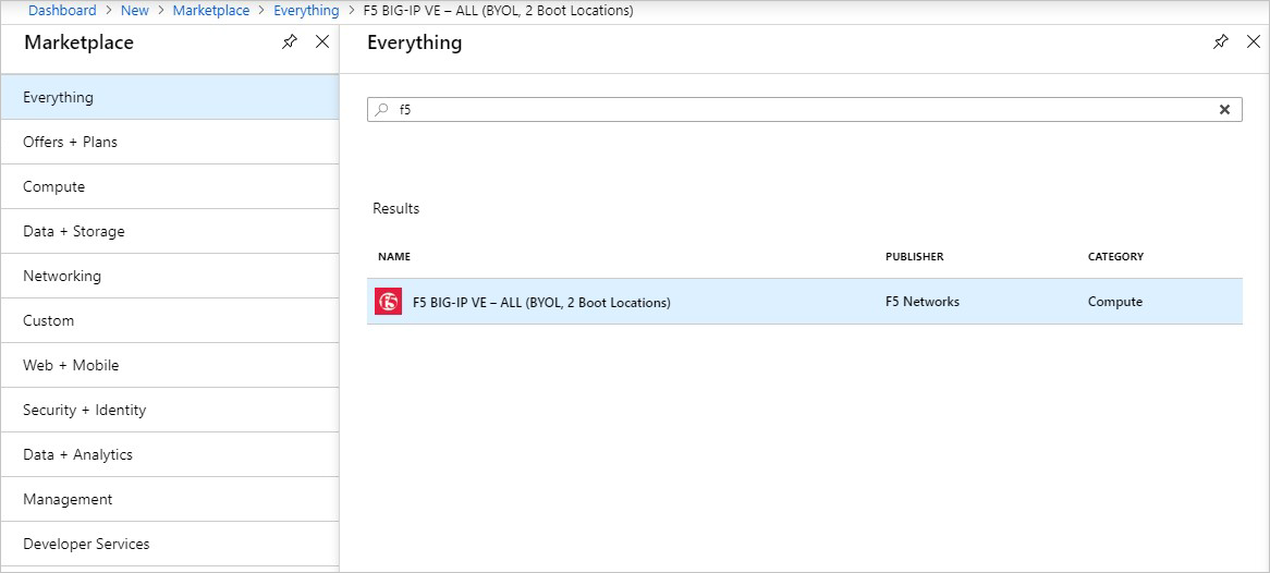 Het dialoogvenster 'Dashboard > New > Marketplace > Everything > F5 BIG-IP VE – ALL (BYOL, 2 Opstartlocaties)' toont f5 in het zoekvak. Het enkele zoekresultaat is 'F5 BIG-IP VE – ALL (BYOL, 2 Opstartlocaties)'.