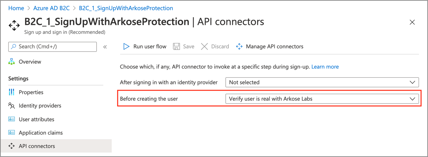 Schermopname van de vermelding voor Voordat de gebruiker wordt gemaakt, onder API-connectors.