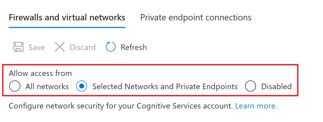 Schermopname van de sectie toegestane netwerktoegang in Azure Portal.