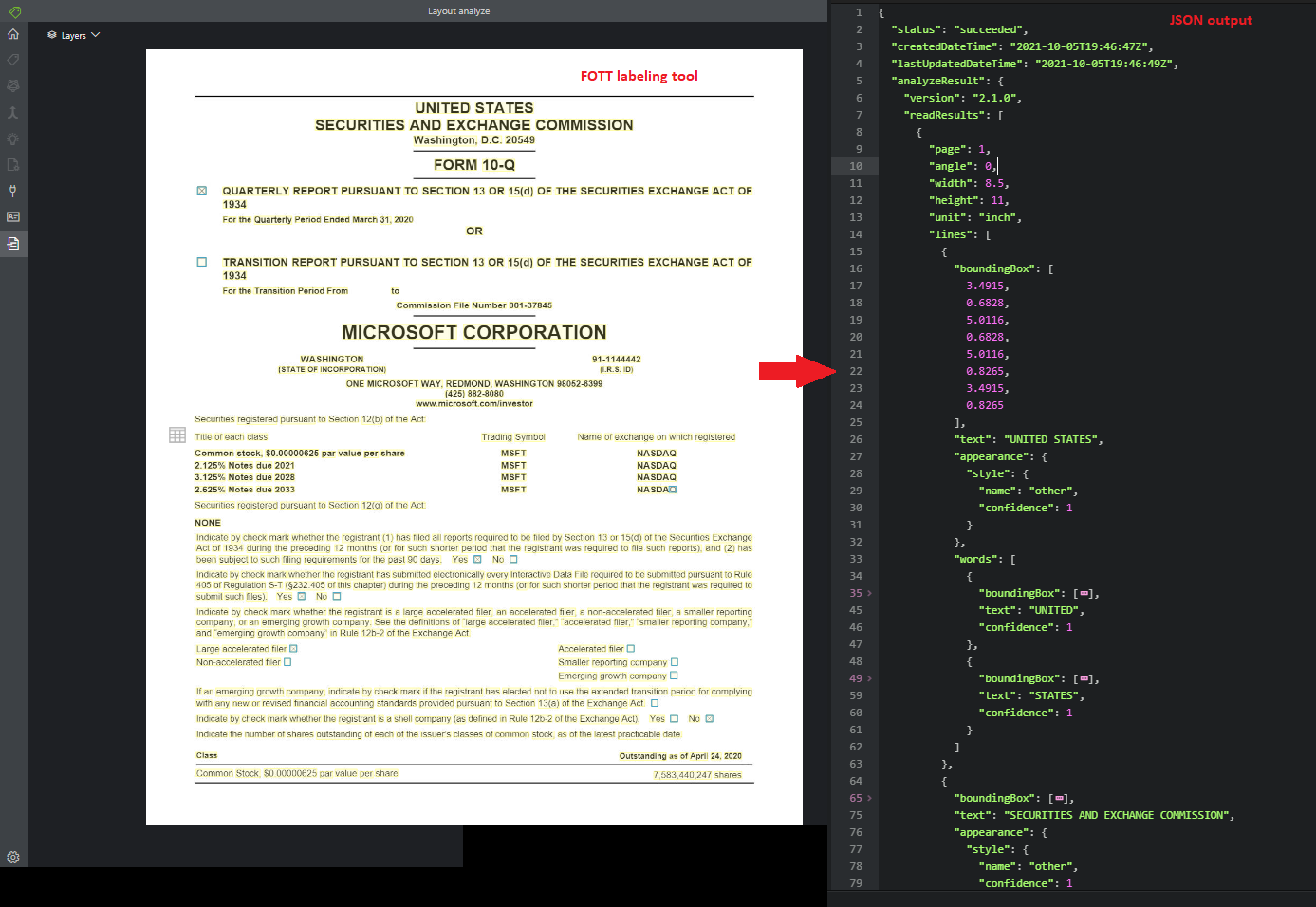 Schermopname van 'layout'-analyse met behulp van het hulpprogramma Voorbeeldlabeling.