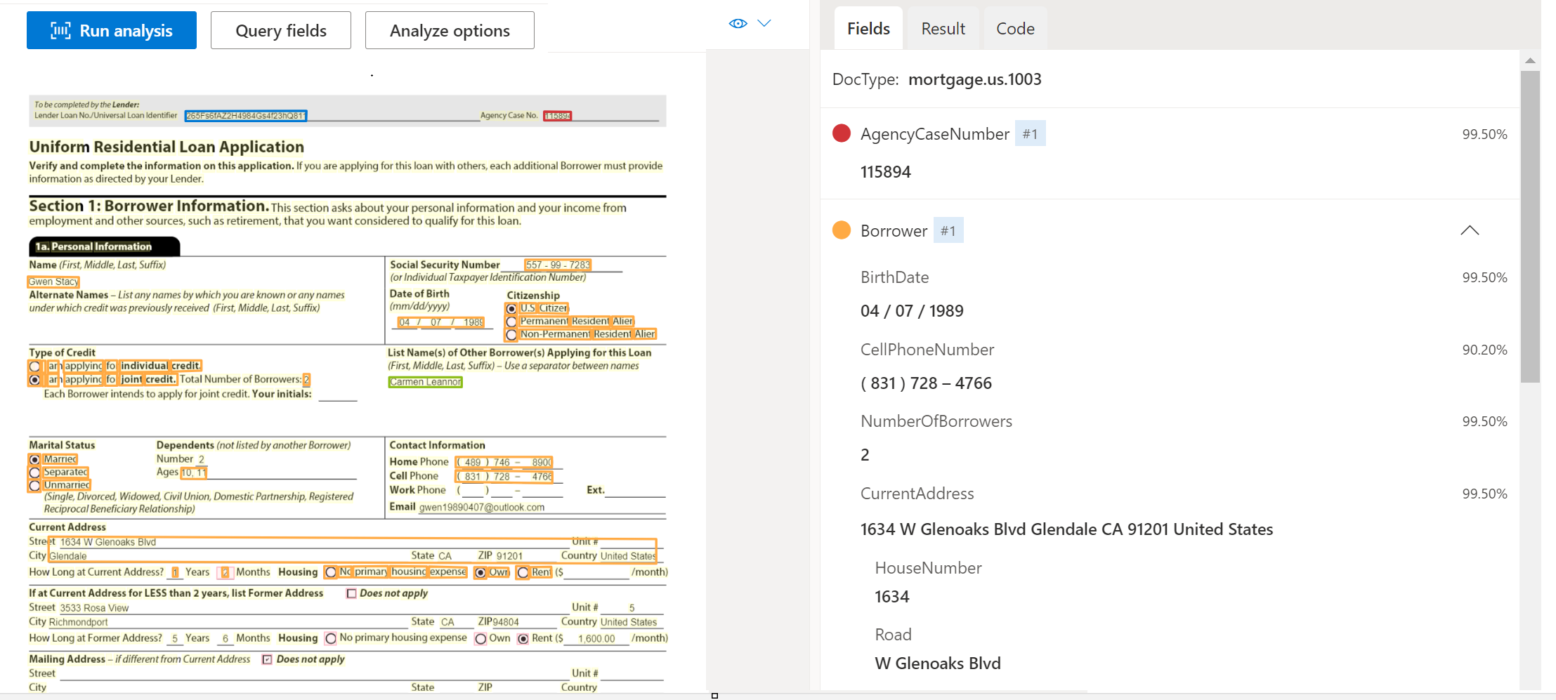 Schermopname van documentmodelanalyse van US Mortgage 1003 met behulp van Document Intelligence Studio.