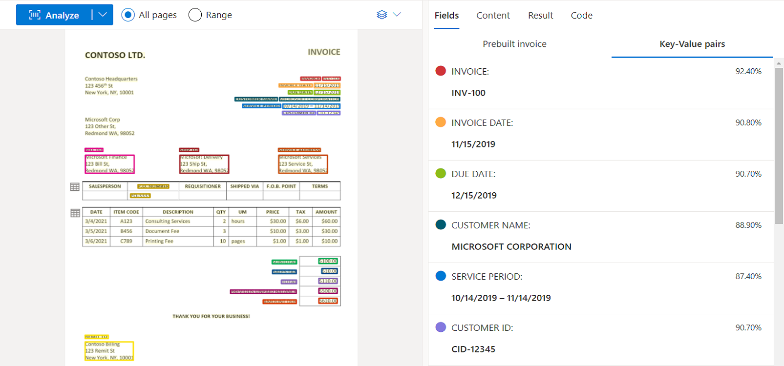 Schermopname van factuurmodelanalyse met Document Intelligence Studio.