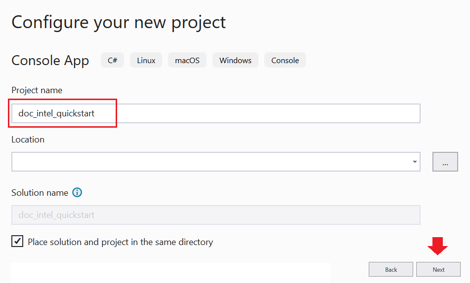 Schermopname van het dialoogvenster Nieuw project configureren in Visual Studios.