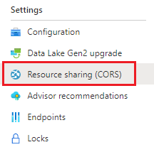 Schermopname van het CORS-instellingsmenu in Azure Portal.