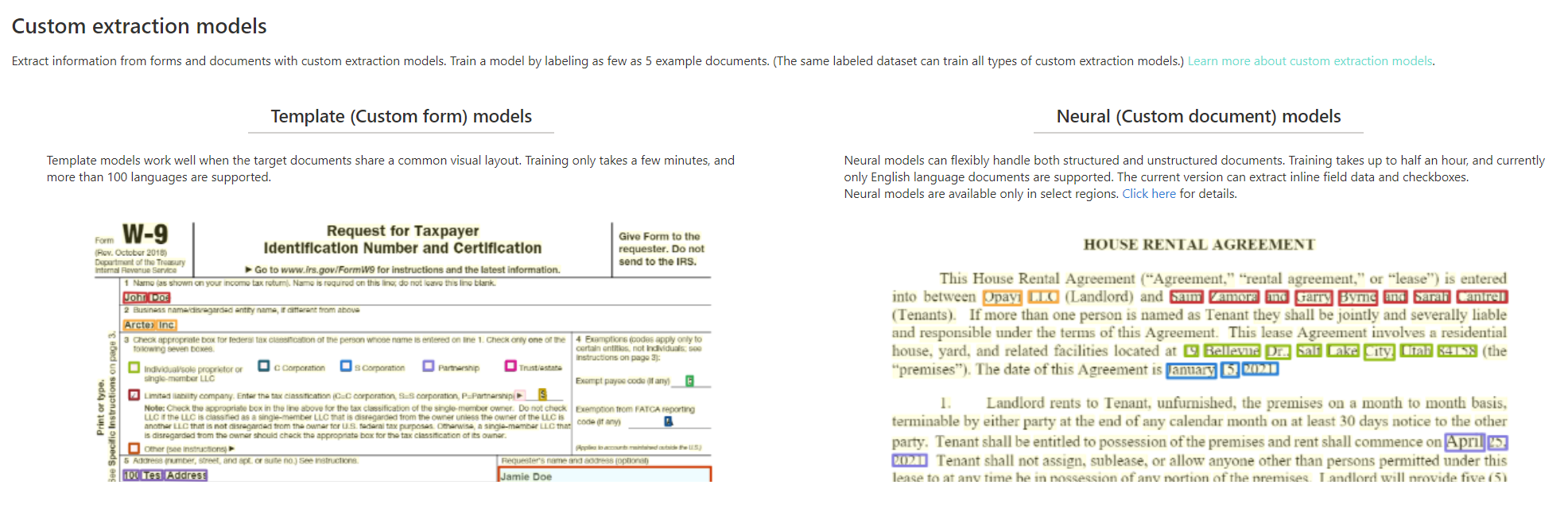 Schermopname van analyse van aangepaste extractiemodellen in Document Intelligence Studio.