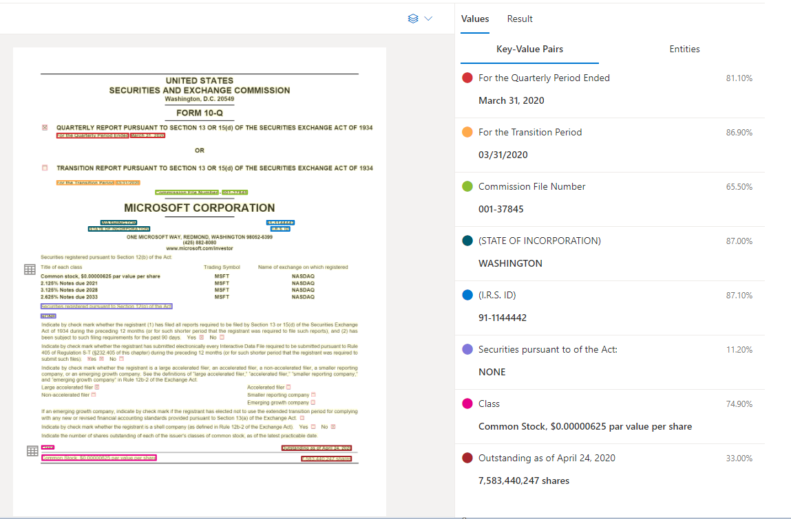 Schermopname van algemene documentanalyse in Document Intelligence Studio.