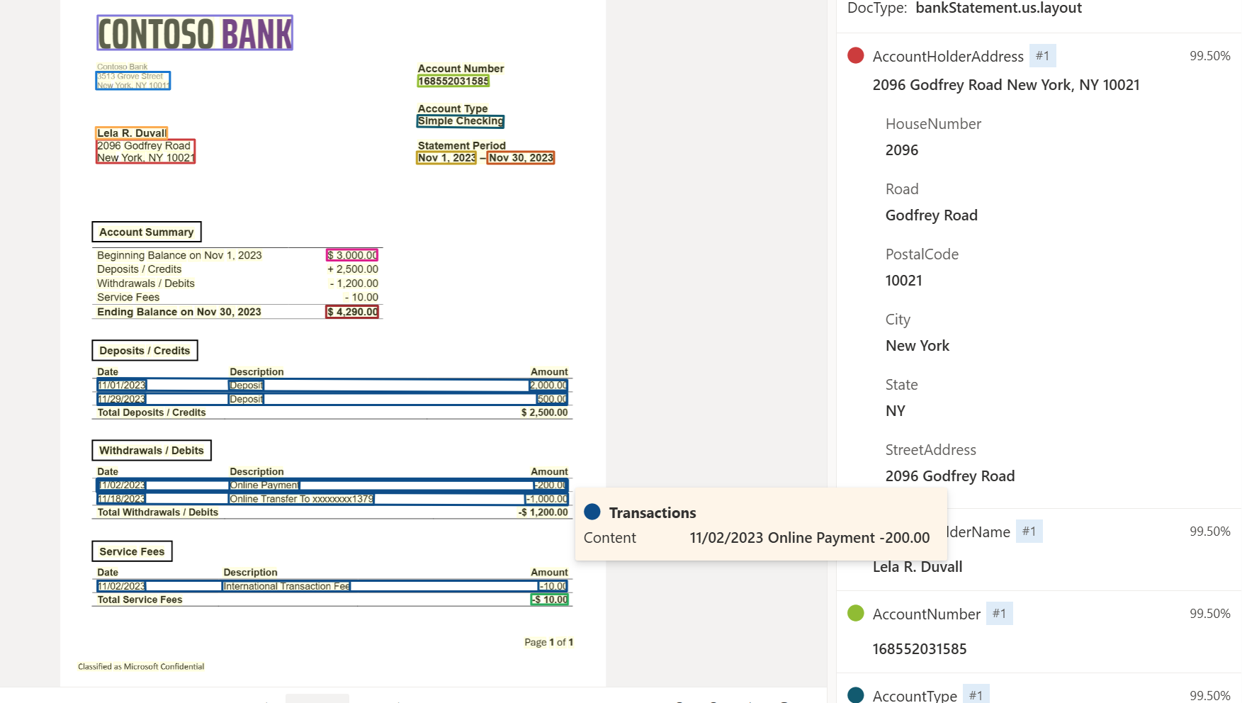 Schermopname van bankafschriftmodelanalyse met Document Intelligence Studio.