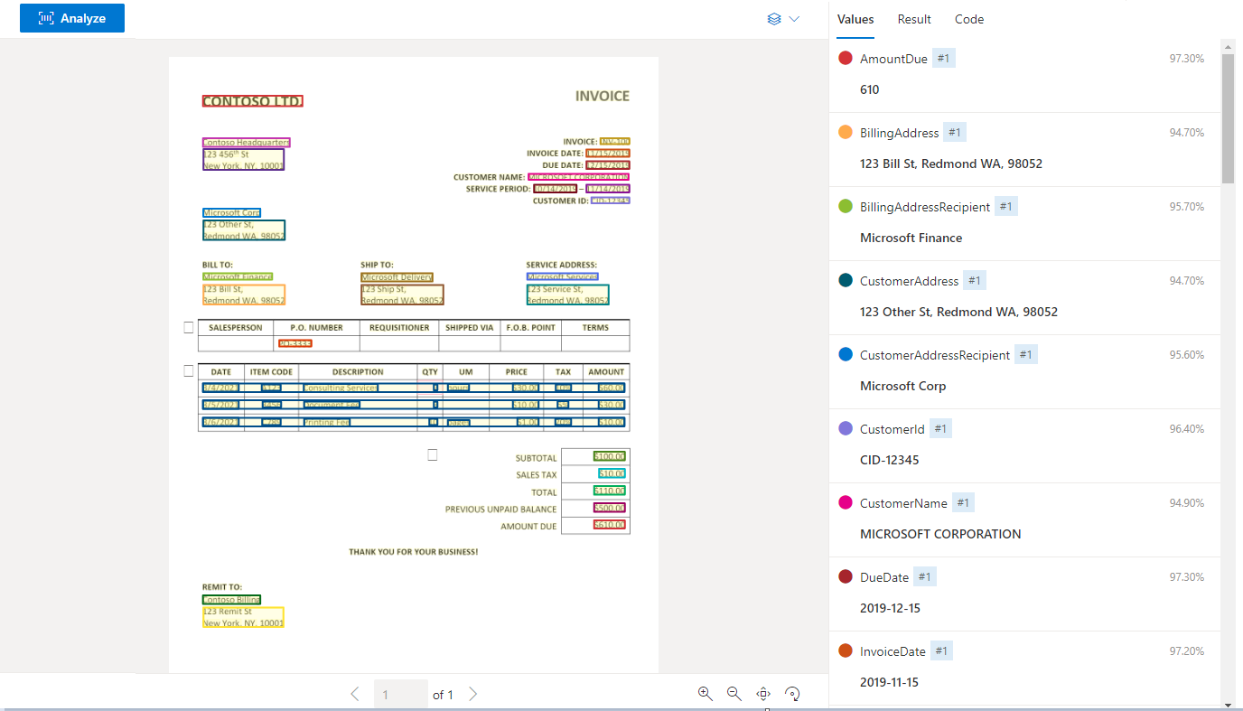 Schermopname van een voorbeeldfactuur die wordt geanalyseerd in Document Intelligence Studio.