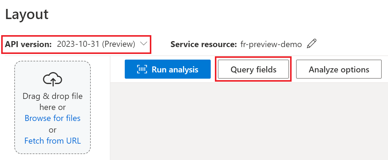 Schermopname van de knop Queryvelden in Document Intelligence Studio.