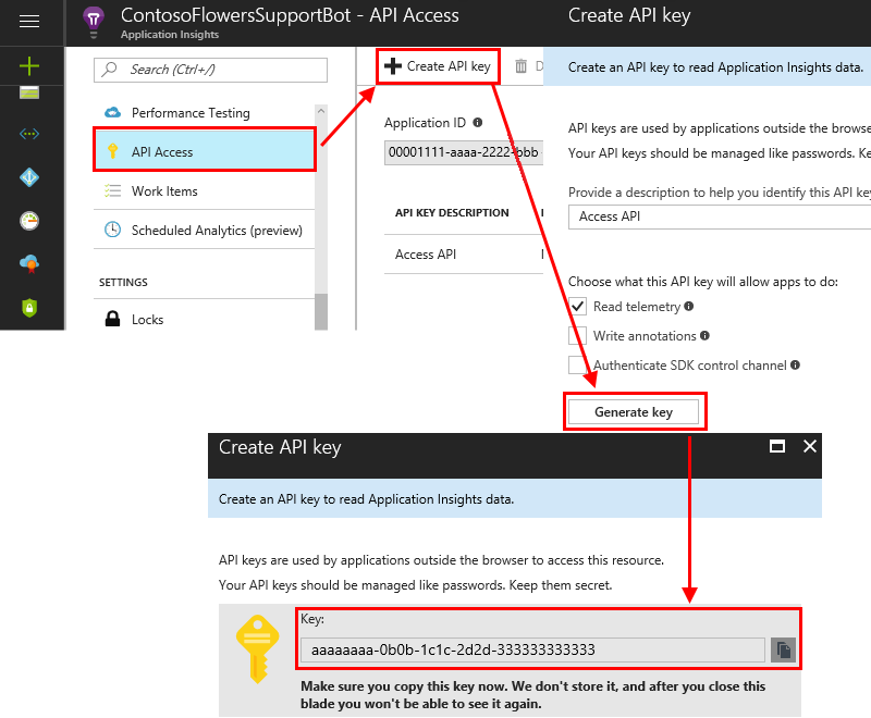 Schermopname van het ophalen van de API-sleutel in Azure Portal.