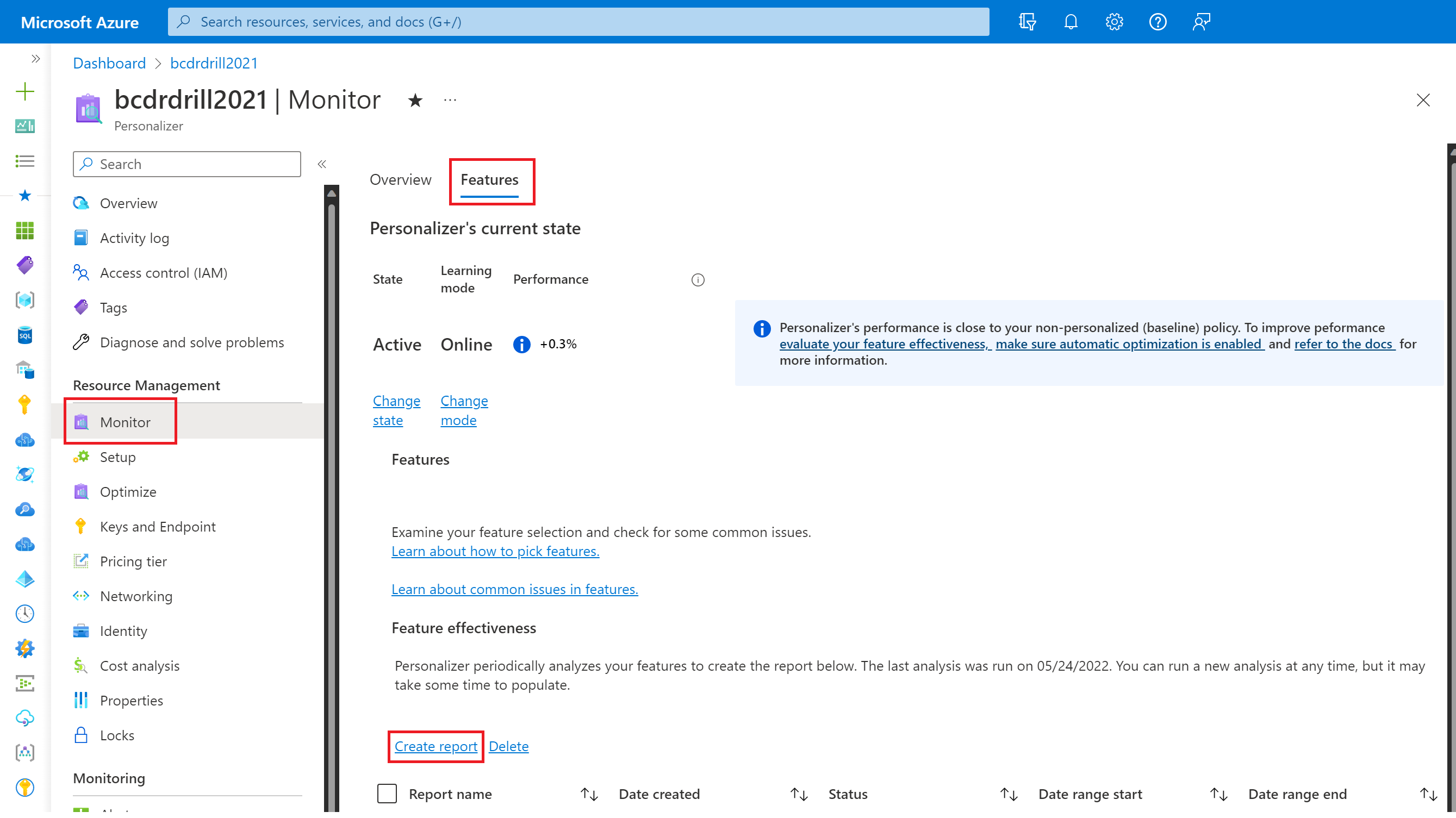 Schermopname van het maken van een functie-evaluatie in uw Personalizer-resource door te klikken op de blade Monitor, het tabblad Functie en vervolgens Op Een rapport maken.