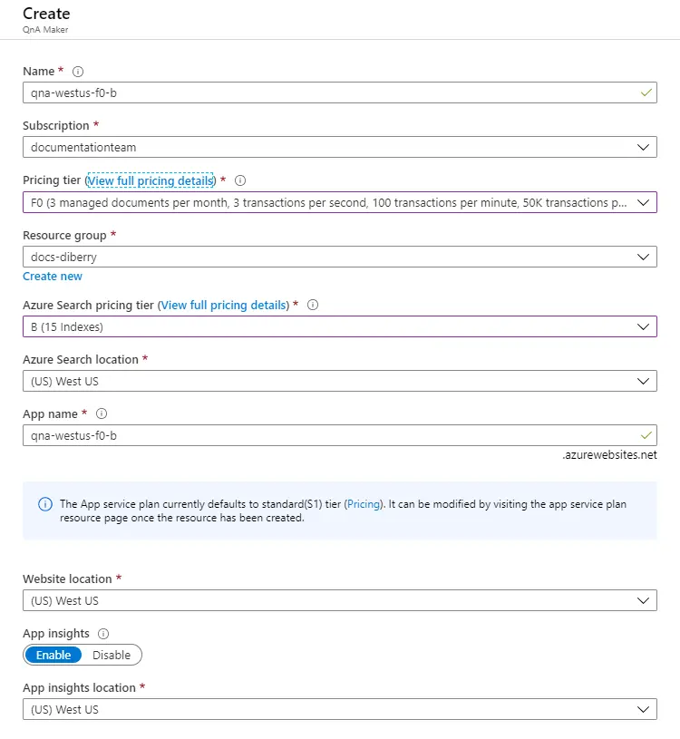 Schermopname van Azure Portal voor het maken van QnA Maker-resources