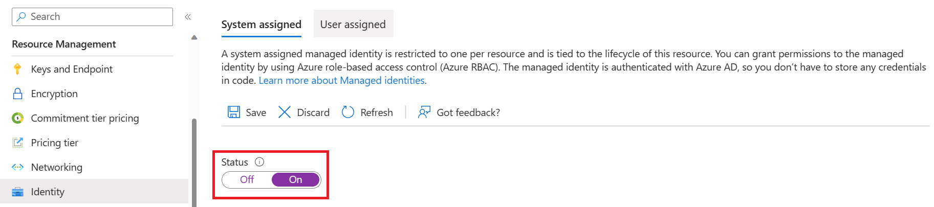 Schermopname: tabblad Identiteit van resourcebeheer in Azure Portal.