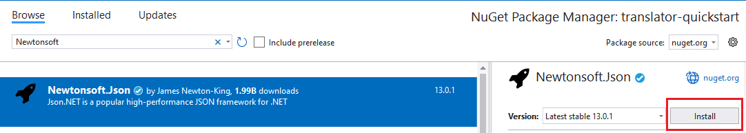 Schermopname van de installatieknop van het NuGet-pakket.