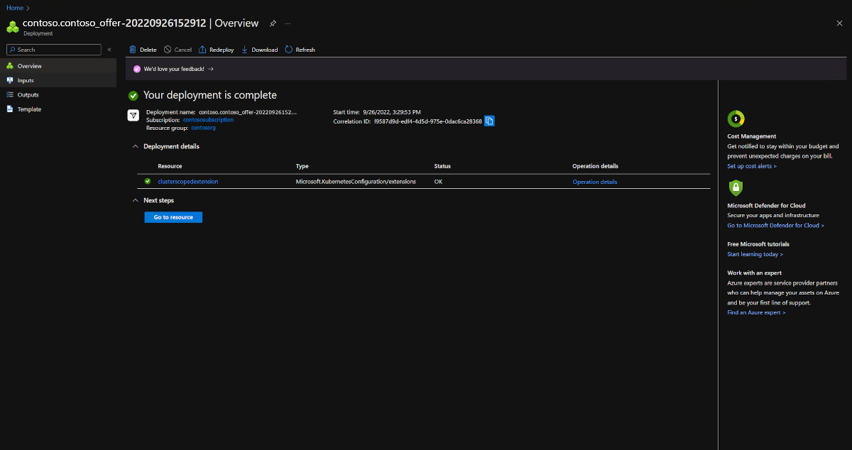 Schermopname van Azure Portal met een geslaagde resource-implementatie in het cluster.