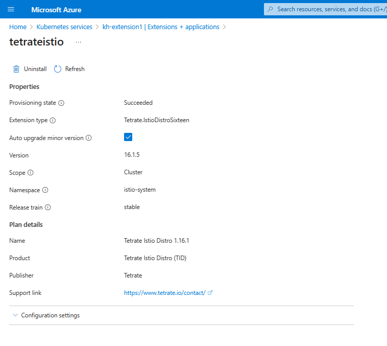 De azure-portalpagina voor extensie-eigenschappen.