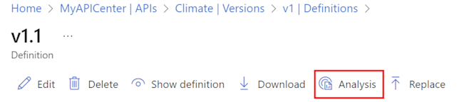 Schermopname van het tabblad Analyse voor API-definitie in de portal.