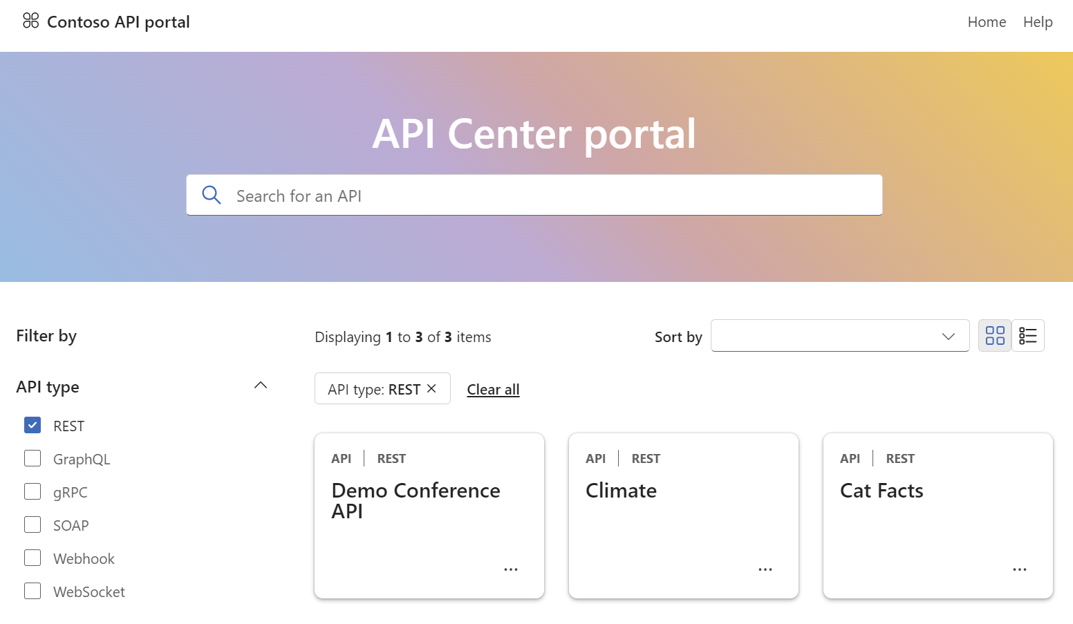 Schermopname van de API Center-portal nadat de gebruiker zich heeft aangemeld.