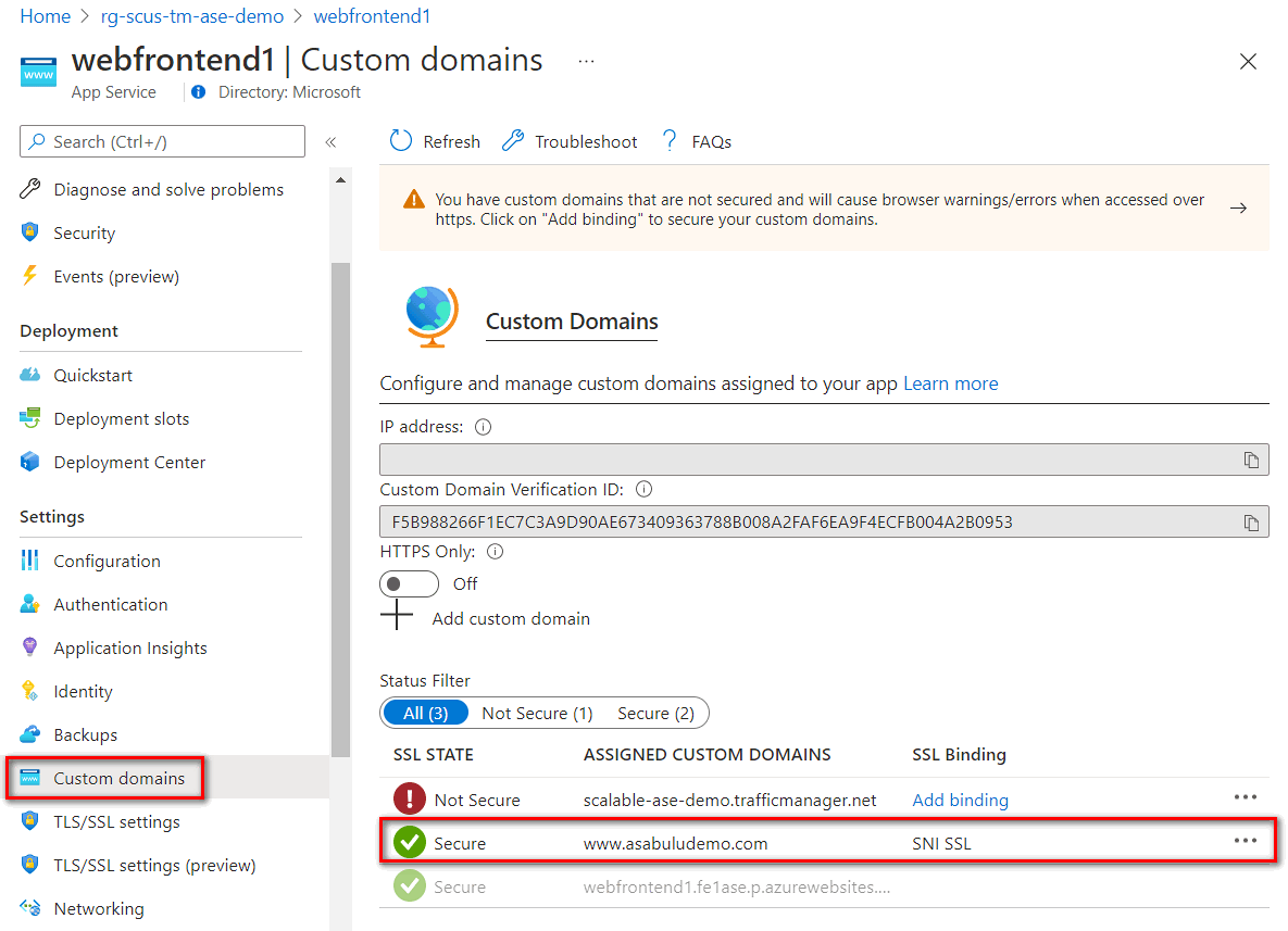 Schermopname van App Service aangepaste domeininstelling.