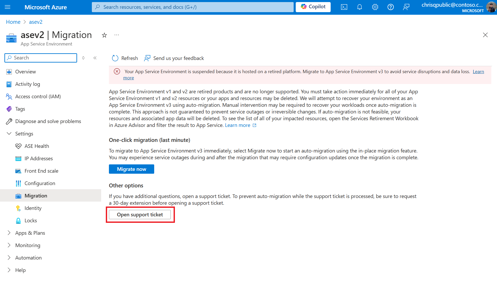 Schermopname van de knop op de migratiepagina waar u een ondersteuningsticket kunt openen om te zien of uw omgeving niet kan worden gebruikt.