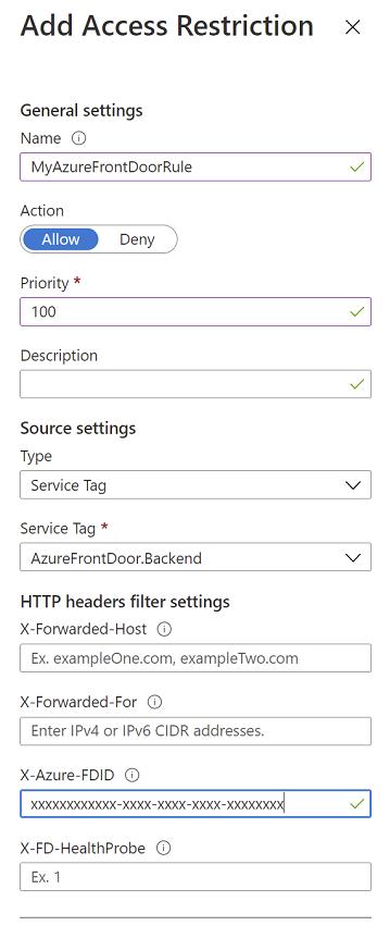 Schermopname van de pagina Toegangsbeperkingen in Azure Portal, waarin wordt getoond hoe u een Beperking voor Azure Front Door toevoegt.