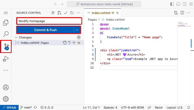 Schermopname van Visual Studio Code in de browser, het deelvenster Broncodebeheer met een doorvoerbericht van 'We love Azure' en de knop Commit en Push gemarkeerd.