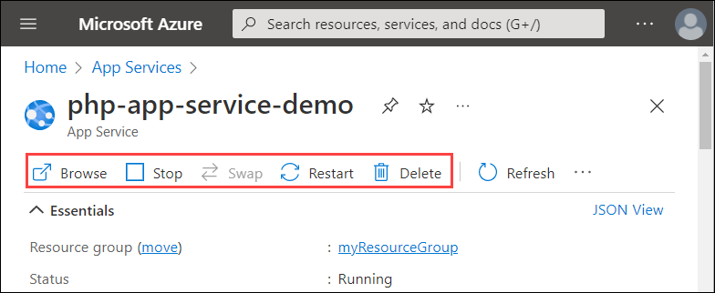 Schermopname van de overzichtspagina van App Service in Azure Portal. In de actiebalk is de groep Bladeren, Stoppen, Wisselen (uitgeschakeld), Opnieuw opstarten en Verwijderen gemarkeerd.