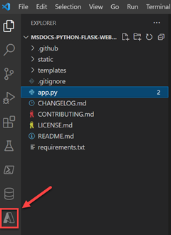 Een schermopname van het pictogram Azure Tools in de linkerwerkbalk van VS Code.