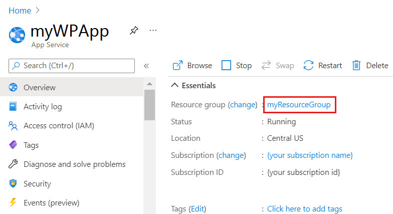 Resourcegroep op de overzichtspagina van App Service.