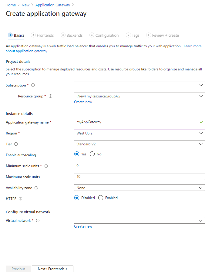 Schermopname van de pagina Toepassingsgateway maken.