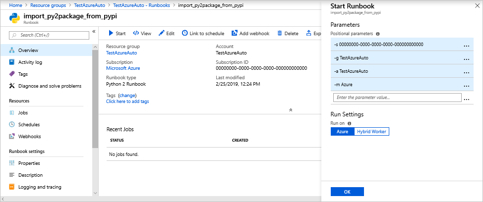 Schermopname van de pagina Overzicht voor import_py2package_from_pypi met het deelvenster Runbook starten aan de rechterkant.