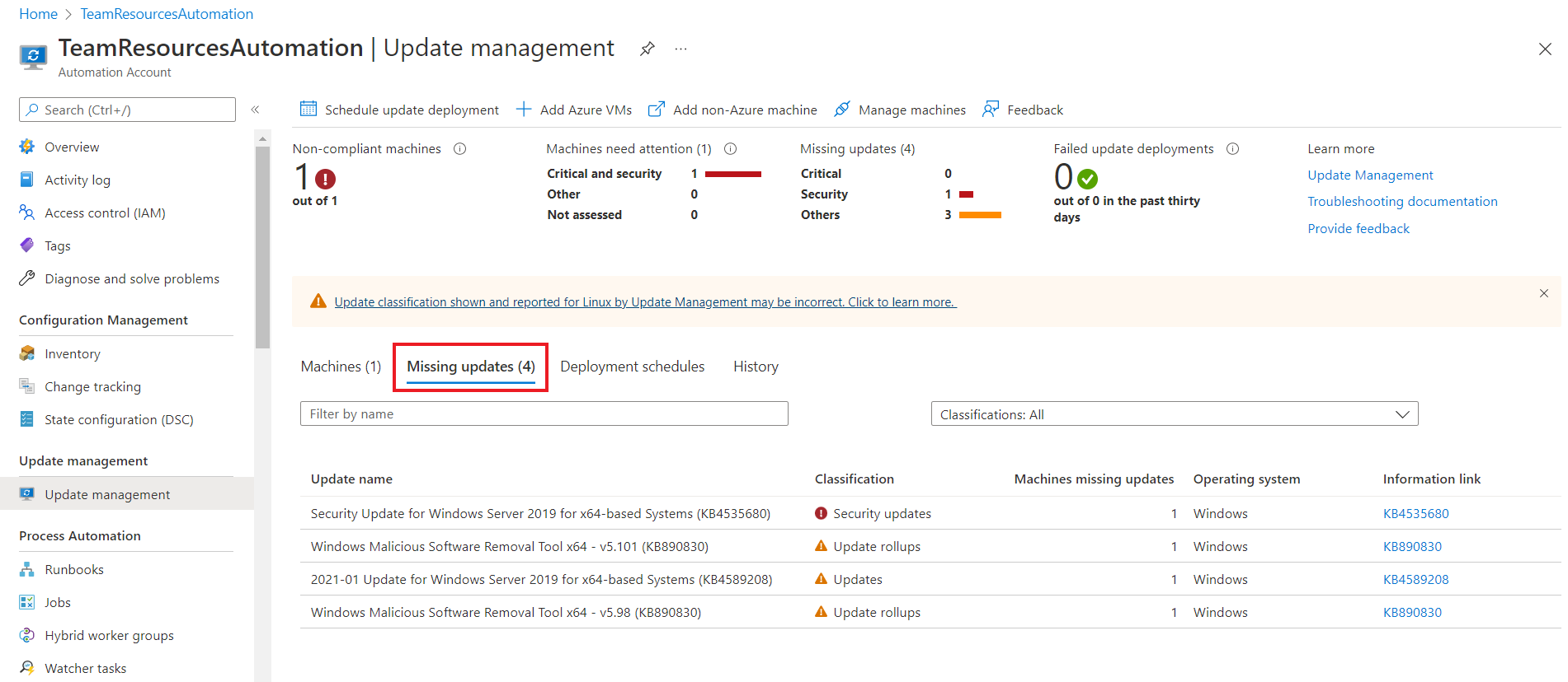 Schermopname van Ontbrekende updates in uw Automation-account.